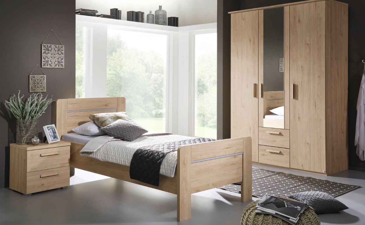 Kleerkast, bed en nachttafel HANNAH Jackson Hickory hout DEBA Meubelen